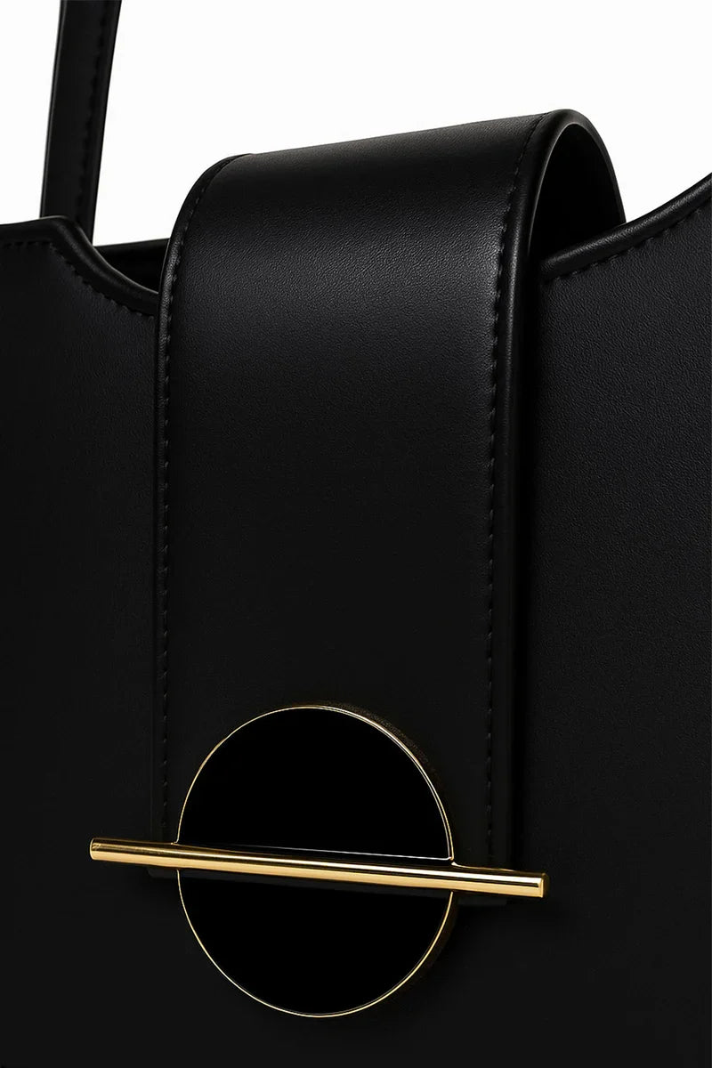 Black Structured Handbag with Gold Tone Hardware