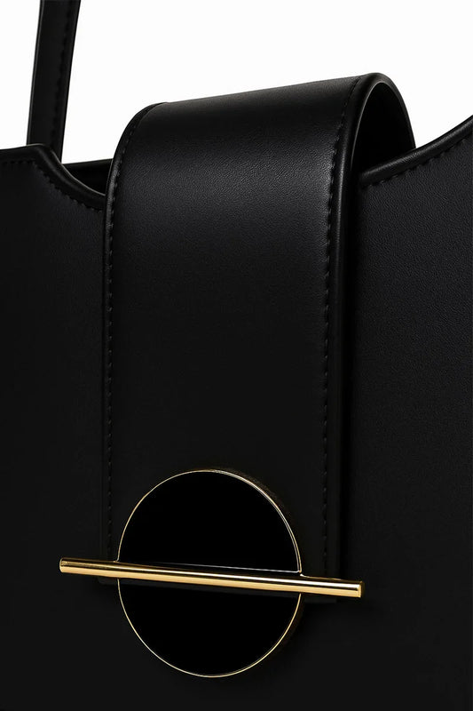 Black Structured Handbag with Gold Tone Hardware