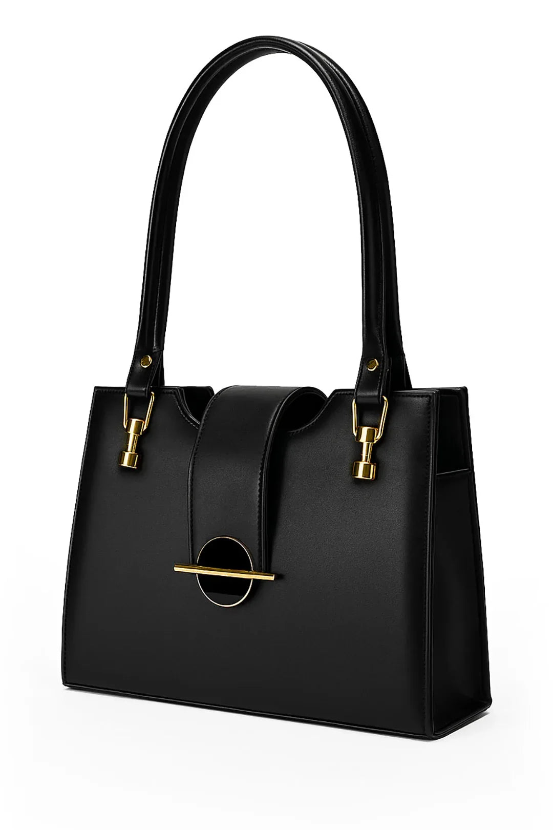 Black Structured Handbag with Gold Tone Hardware